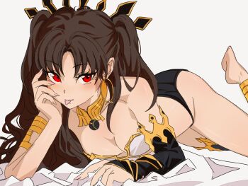 1girl absurdres arm_warmers armlet asymmetrical_legwear asymmetrical_sleeves bikini black_hair blush breasts cleavage detached_sleeves earrings elbow_gloves fate/grand_order fate_(series) gloves hair_ribbon heavenly_boat_maanna highres hoop_earrings ishtar_(fate) jewelry long_hair long_legs looking_at_viewer medium_breasts mismatched_bikini neck_ring parted_bangs red_eyes ribbon seeledayo simple_background single_arm_warmer single_detached_sleeve single_elbow_glove single_thighhigh smile solo swimsuit thighhighs tiara tongue tongue_out two_side_up uneven_legwear uneven_sleeves