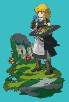 1girl :/ adapted_costume apron black_skirt black_vest blonde_hair blue_background boots bow braid brown_boots brown_gloves closed_mouth commentary_request doggo_1d34 gloves green_pants hair_bow hat hat_basket highres holding holding_mushroom holding_unworn_clothes holding_unworn_hat kirisame_marisa long_hair long_sleeves mushroom no_headwear pants pants_under_skirt side_braid signature simple_background single_braid skirt solo touhou unworn_hat unworn_headwear vest white_apron white_bow witch_hat yellow_eyes