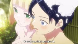 1boy 1girl animated anime_screenshot black_hair blonde_hair blue_eyes blush breasts collarbone completely_nude covering_breasts covering_privates fang feet green_eyes hands_on_another&#039;s_shoulders highres large_breasts mato_seihei_no_slave mixed-sex_bathing navel nipples nude one_eye_closed onsen open_mouth shared_bathing short_hair shoulder_blades sidelocks smile soap soap_bubbles sound stomach subtitled suruga_shushu tagme thick_eyebrows thighs video wakura_yuuki washing_back water