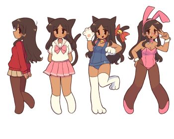 1girl :3 animal_ear_hairband animal_ears artist_self-insert bell black_eyes black_hair blue_one-piece_swimsuit blush bow bowtie breasts brown_pantyhose brown_skirt cat_ears cat_girl cat_tail cleavage closed_mouth commentary dark-skinned_female dark_skin english_commentary fake_animal_ears glasses hairband hand_on_own_hip high_heels highres long_hair long_sleeves looking_at_viewer medium_breasts neck_bell one-piece_swimsuit open_mouth original pantyhose pink_bow pink_bowtie pink_shoes pink_skirt pleated_skirt rabbit_ear_hairband rabbit_ears rectangular_eyewear red-framed_eyewear red_bow red_sweater school_uniform shoes short_sleeves sidelocks simple_background skirt smile socks sofo_soup solo sweater swimsuit tail tail_bell tail_bow tail_ornament thighhighs tongue v white_background white_socks white_thighhighs white_wrist_cuffs wrist_cuffs
