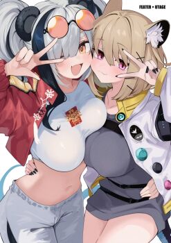 2girls :3 animal_ear_fluff animal_ears arknights asymmetrical_docking bear_ears belt black_hair black_nails blonde_hair blush breast_press breasts character_name cheek-to-cheek closed_mouth commentary_request crop_top cropped_jacket dress feater_(arknights) feater_(gourmet)_(arknights) grey_dress grey_hair hair_ornament hair_over_one_eye hand_on_another&#039;s_waist heads_together highres jacket large_breasts multicolored_hair multiple_girls nail_polish ohichi16 one_eye_closed open_mouth pink_eyes shirt short_hair sidelocks stomach streaked_hair tail twintails utage_(arknights) v v_over_eye white_background white_jacket white_shirt x_hair_ornament