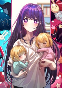 1boy 2girls blonde_hair blush brother_and_sister c: carrying carrying_person casual child closed_eyes closed_mouth collarbone commentary_request cowboy_shot dual_wielding eyelashes family fingernails hair_between_eyes heart highres holding hoshino_ai hoshino_aquamarine hoshino_ruby indoors long_hair looking_at_viewer mother_and_daughter mother_and_son multiple_girls one_side_up open_mouth oshi_no_ko outline purple_eyes purple_hair rabbit_ornament shirt short_hair short_sleeves siblings sidelocks sleeping smile sparkle star-shaped_pupils star_(symbol) straight_hair symbol-shaped_pupils twins very_long_hair wei_yu white_shirt