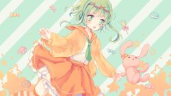 Rule 34 | 1girl, blush, candy, cardigan, eyewear on head, food, glasses, green eyes, green hair, gumi, holding, holding stuffed toy, karunabaru, long sleeves, looking at viewer, macaron, open mouth, orange cardigan, orange skirt, shirt, short hair, skirt, solo, star (symbol), striped background, striped clothes, striped shirt, stuffed animal, stuffed rabbit, stuffed toy, vocaloid, white shirt, wrapped candy