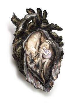 1girl barnacle blonde_hair closed_eyes commentary curled_up english_commentary full_body halo heart_(organ) highres hugging_object knees_up nude original oyster page_nak1 smile solo