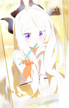1girl absurdres black_horns blue_archive bm_tol brushing_teeth commentary demon_girl demon_horns highres hina_(blue_archive) holding holding_toothbrush horns leaning_forward long_hair mirror purple_eyes reflection reflection_focus shirt short_sleeves solo toothbrush white_hair white_shirt