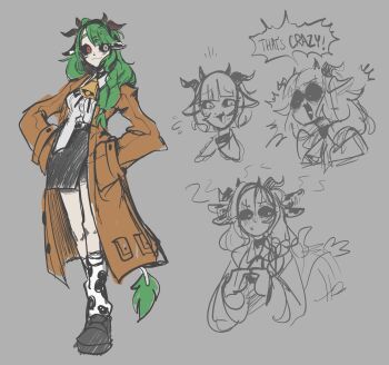 Rule 34 | 1girl, :3, absurdres, animal ears, bell, black hairband, black sclera, black shoes, black skirt, brown coat, closed mouth, coat, colored sclera, commentary, cow ears, cow girl, cow horns, cow print socks, cow tail, cowbell, crelly, crelly (crelly 3.0), dilated pupils, english text, flying sweatdrops, full body, green hair, grey background, grey eyes, hair over shoulder, hairband, hands in pockets, heterochromia, highres, horns, indie virtual youtuber, long hair, multiple views, neck bell, official alternate hair length, official alternate hairstyle, open coak, red eyes, shirt, shoes, short hair, simple background, sketch, skirt, smile, speech bubble, standing, sunnysoap, tail, tail wagging, virtual youtuber, white shirt