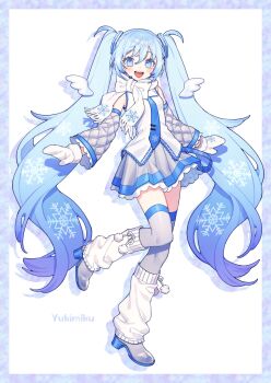 1girl :d absurdres blue_eyes blue_hair blush bow character_name chiyomaru_(yumichiyo0606) commentary detached_sleeves frilled_skirt frills full_body grey_shoes grey_skirt grey_sleeves grey_thighhighs hair_between_eyes hatsune_miku headset highres leg_warmers long_hair long_sleeves looking_at_viewer miniskirt mittens open_mouth pleated_skirt scarf scarf_bow shirt shoes simple_background skirt sleeveless sleeveless_shirt smile solo standing standing_on_one_leg symbol-only_commentary thighhighs twintails very_long_hair vocaloid white_background white_bow white_mittens white_shirt yuki_miku zettai_ryouiki