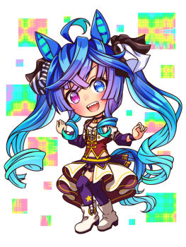 1girl ahoge animal_ears blue_eyes blue_hair blush bodice boots breasts chibi chibi_only choker collarbone commentary_request corset cropped_jacket crossed_bangs full_body garter_straps heterochromia highres horse_ears horse_girl horse_tail jacket long_hair long_sleeves looking_at_viewer midriff_peek multicolored_hair navel open_mouth overskirt pendant_choker purple_choker purple_eyes purple_garter_straps purple_thighhighs red_corset red_shorts sharp_teeth shirt shorts sidelocks small_breasts smile solo star_(symbol) starting_future_(umamusume) sugimotty_nova tail teeth thighhighs twin_turbo_(umamusume) twintails umamusume upper_teeth_only white_boots white_jacket white_shirt wristband