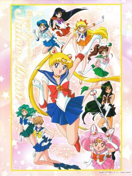 1990s_(style) 6+girls :d absurdres aino_minako ankle_boots aqua_hair arm_up back_bow bare_legs bishoujo_senshi_sailor_moon bishoujo_senshi_sailor_moon_s black_choker black_footwear black_hair black_sailor_collar black_skirt blonde_hair blue_bow blue_choker blue_eyes blue_footwear blue_hair blue_sailor_collar blue_skirt boots bow brooch brown_bow brown_hair chibi_usa choker circlet closed_mouth cone_hair_bun copyright_name cosmic_heart_compact dot_nose double_bun elbow_gloves finger_to_mouth garnet_rod gloves green_choker green_eyes green_footwear green_hair green_sailor_collar green_skirt hair_bobbles hair_bow hair_bun hair_ornament hairpin hand_on_own_hip heart heart_brooch heart_choker high_heels high_ponytail highres hino_rei holding holding_staff itou_ikuko jewelry kaiou_michiru kino_makoto knee_boots long_hair magical_girl meiou_setsuna miniskirt mizuno_ami multicolored_background multiple_girls official_art one_eye_closed open_mouth orange_sailor_collar orange_shoes orange_skirt pink_boots pink_bow pink_choker pink_hair pink_sailor_collar pink_skirt pleated_skirt ponytail purple_bow purple_eyes red_bow red_choker red_eyes red_footwear red_sailor_collar red_skirt retro_artstyle sailor_chibi_moon sailor_collar sailor_jupiter sailor_mars sailor_mercury sailor_moon sailor_neptune sailor_pluto sailor_senshi sailor_senshi_uniform sailor_uranus sailor_venus scan shoes short_hair single_hair_bun skirt smile staff star_(symbol) ten&#039;ou_haruka tsukino_usagi twintails very_short_hair wavy_hair white_gloves yellow_bow