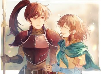 Rule 34 | 2girls, armor, breasts, brown hair, closed eyes, detached sleeves, fire emblem, fire emblem: path of radiance, gloves, highres, holding, holding polearm, holding weapon, jill (fire emblem), leaf (esabacoo), long hair, looking at another, mist (fire emblem), multiple girls, nintendo, open mouth, pink armor, polearm, ponytail, red eyes, red hair, scarf, short hair, small breasts, smile, weapon