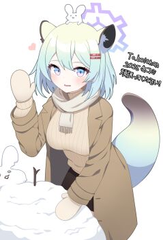 1girl absurdres animal animal_ear_fluff animal_ears animal_on_head animal_request black_skirt blue_archive blue_eyes blush breasts brown_jacket brown_mittens brown_sweater commentary_request fringe_trim green_hair grey_scarf hair_between_eyes hair_ornament hairclip halo hand_up heart highres jacket korean_commentary long_sleeves looking_at_viewer medium_breasts mittens on_head open_clothes open_jacket parted_lips puffy_long_sleeves puffy_sleeves ribbed_sweater scarf shigure_(blue_archive) simple_background skirt smile solo sprout_(haji_s) sweater tail white_background