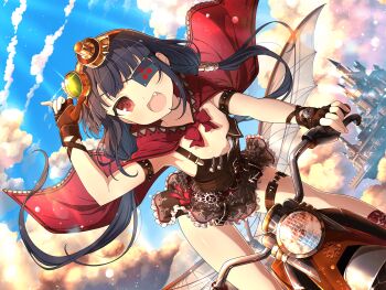 1girl battlement belt black_hair blue_sky blush bow brown_dress capelet castle chain cloud corset day dress eyepatch fang fingerless_gloves flat_chest floating_castle floating_island flying_vehicle gears gloves goggles goggles_on_head gothic_lolita highres lolita_fashion long_hair looking_at_viewer low_twintails mirai_(senran_kagura) motor_vehicle motorcycle official_alternate_costume official_alternate_hairstyle official_art on_motorcycle open_mouth outdoors red_capelet red_eyes red_socks senran_kagura senran_kagura_new_link senran_kagura_shoujo-tachi_no_shin&#039;ei sky smile socks solo spire steampunk thigh_belt thigh_strap tomoe_(symbol) tongue tower twintails victorian wings yaegashi_nan