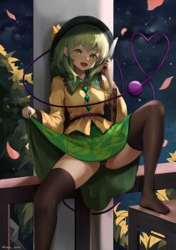 1girl :d absurdres black_hat black_panties black_thighhighs blush buttons clothes_lift commentary commission crossed_bangs diamond_button dobostorte eyelashes falling_petals floral_print floral_print_skirt foot_out_of_frame frilled_shirt_collar frilled_sleeves frills green_eyes green_hair green_skirt hair_between_eyes hands_up hat heart heart-shaped_pupils heart_of_string highres holding holding_knife knee_up knife komeiji_koishi lifting_own_clothes long_sleeves looking_at_viewer lovestruck medium_hair night night_sky no_shoes open_mouth outdoors panties panty_peek petals print_skirt rose_print shirt sidelighting sitting skirt skirt_lift sky smile solo symbol-shaped_pupils thighhighs thighs third_eye touhou tsurime twitter_username underwear wide_sleeves yellow_shirt zettai_ryouiki