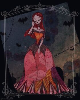 1girl colored_skin darkjack618 dress full_body long_hair patchwork_clothes patchwork_skin pinstripe_pattern red_hair sally_(nbc) smile stitched_arm stitched_face stitches striped_clothes tagme the_nightmare_before_christmas toon_(style)