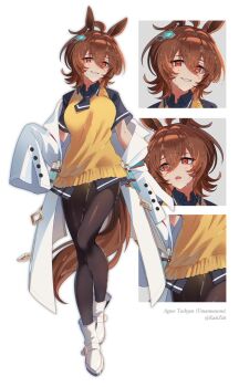 1girl :d agnes_tachyon_(tach-nology)_(umamusume) agnes_tachyon_(umamusume) ahoge aki'z animal_ears black_necktie black_pantyhose black_shirt boots breasts brown_hair character_name coat collared_shirt commentary earrings full_body grin hair_between_eyes highres horse_ears horse_girl horse_tail huge_ahoge jewelry lab_coat long_sleeves looking_at_viewer medium_breasts medium_hair multiple_views necktie off_shoulder open_mouth pantyhose red_eyes shirt short_necktie short_sleeves single_earring sleeves_past_fingers sleeves_past_wrists smile sweat sweater_vest symbol-only_commentary tail test_tube twitter_username umamusume white_boots white_coat yellow_sweater_vest