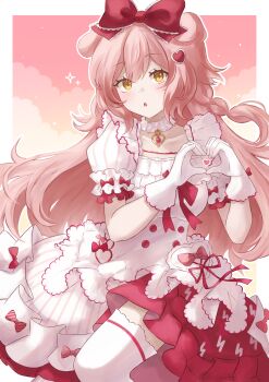 1girl absurdres accurate_lolita_coord animal_ears arknights blush bow braid cat_ears cat_girl choker commentary dress fhlen floppy_ears frilled_bow frills gloves goldenglow_(arknights) goldenglow_(party_in_the_garden)_(arknights) hair_between_eyes hair_ornament heart heart_hair_ornament heart_hands highres jewelry juliet_sleeves lace-trimmed_bow lace_trim leg_up lightning_bolt_print locket lolita_fashion long_hair long_sidelocks long_sleeves looking_at_viewer open_mouth pendant pink_hair plaid_bow puffy_sleeves red_bow red_dress sidelocks single_braid solo sweet_lolita thighhighs white_dress white_gloves white_thighhighs yellow_eyes