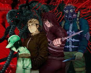 5boys ai_coleman aikawa_(dorohedoro) black_hair black_hood black_pants blood caiman_(dorohedoro) dorohedoro evil_smile gas_mask head_bow highres holding holding_knife kai_(dorohedoro) knife looking_at_viewer mask multiple_boys normov open_mouth pants red_background shirt slime_(substance) smile spiked_hair standing tube white_shirt