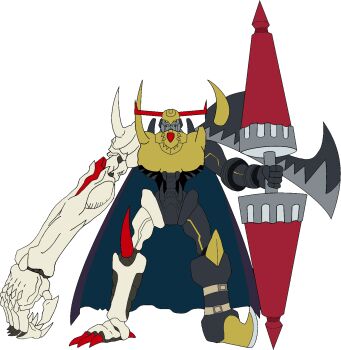 Rule 34 | absurdres, bagramon, cape, darkknightmon, darkknightmon (bagramon), digimon, digimon (creature), fusion, highres, looking at viewer, solo, transparent background