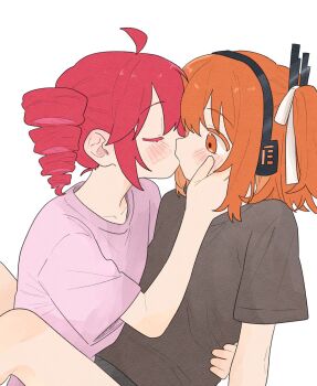 2girls a.i._voice adachi_rei between_legs black_shirt blush closed_eyes commentary drill_hair hair_ribbon hand_on_another&#039;s_face hashtag-only_commentary highres kasane_teto kiss multiple_girls ofo_j1 one_side_up orange_eyes orange_hair purple_shirt red_hair ribbon shirt simple_background twin_drills utau white_background white_ribbon yuri