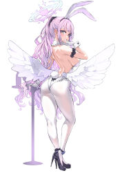 Rule 34 | 1girl, angel wings, animal ears, asanagi, ass, back, bare shoulders, blue archive, blush, breasts, fake animal ears, feathered wings, from behind, full body, halo, high heels, highleg, highleg leotard, highres, large breasts, leotard, long hair, looking at viewer, looking back, low wings, mika (blue archive), pantyhose, pink hair, playboy bunny, ponytail, rabbit ears, rabbit tail, sideboob, sidelocks, simple background, solo, standing, tail, white background, white leotard, white pantyhose, white wings, wings, wrist cuffs, yellow eyes