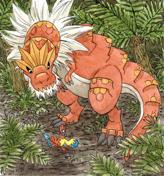 Rule 34 | archen, claws, dinosaur, effie lealand, fern, gen 5 pokemon, gen 6 pokemon, highres, leaf, looking at another, nintendo, no humans, outdoors, painting (medium), pokemon, pokemon (creature), tail, traditional media, tyrantrum, watercolor (medium)