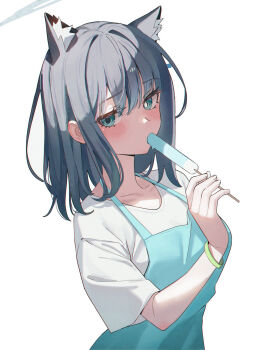 1girl animal_ears apron aqua_apron blue_archive blush breasts commentary eating extra_ears food grey_hair halo highres holding holding_food holding_popsicle looking_at_viewer medium_breasts popsicle shiroko_(blue_archive) shirt short_sleeves simple_background softgyoza solo white_background white_shirt wolf_ears wristband