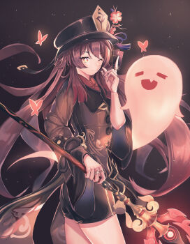 1girl =_= absurdres black_coat black_hat boo_tao_(genshin_impact) brown_hair bug butterfly chehg closed_mouth coat commentary_request cowboy_shot fang floating_hair flower-shaped_pupils genshin_impact ghost hand_up hat highres holding holding_ofuda holding_polearm holding_weapon hu_tao_(genshin_impact) insect long_hair ofuda one_eye_closed open_mouth polearm red_butterfly red_eyes smile spear staff_of_homa_(genshin_impact) symbol-shaped_pupils weapon