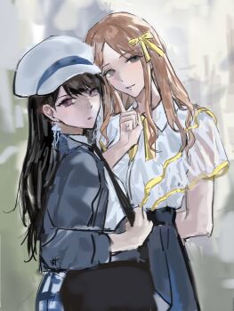 2girls animal_ears bag bang_dream! bang_dream!_it&#039;s_mygo!!!!! black_bag black_hair blurry blurry_background brown_hair commentary earrings feiyu30903448 hair_ribbon hat highres index_finger_raised jewelry long_hair mole mole_under_eye multiple_girls nagasaki_soyo open_mouth parted_lips purple_eyes ribbon shiina_taki shoulder_bag sidelocks white_hat yellow_ribbon