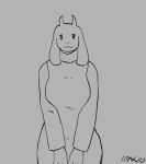 1girl animal_ears animal_hands animated bebebe bent_over blush bouncing_breasts breasts closed_eyes closed_mouth clothes_lift cowboy_shot dress dress_lift fangs female_focus flashing furry furry_female goat_ears grey_background greyscale half-closed_eyes hands_up happy horns large_breasts lifting_own_clothes long_sleeves looking_at_viewer mature_female monochrome navel nipples no_bra no_panties nose_blush own_hands_together shiny_skin simple_background sketch smile solo standing stomach toriel undertale utdr_(toby_fox) v_arms video