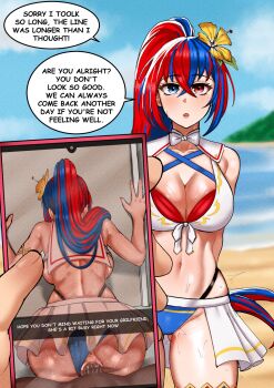 1boy 1girl aftersex banvart5 blue_eyes blue_hair breasts cheating_(relationship) cleavage clothed_female_nude_male cum cum_in_pussy english_text female_alear_(fire_emblem) female_alear_(seaside_dragon)_(fire_emblem) fire_emblem fire_emblem_engage flower flower_on_head front-tie_top heterochromia highres interracial juxtaposition large_breasts looking_at_viewer multicolored_hair netorare nintendo nude phone photo_comparison ponytail red_eyes red_hair sex sex_from_behind snapchat tagme two-tone_hair uncensored vaginal