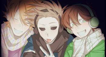 3boys adapted_costume animification black_background black_eyes black_gloves black_scarf blue_hoodie blush brown_hair closed_eyes earmuffs edd_(eddsworld) eddsworld gaolengdemenger gloves green_eyes green_hoodie grin hollow_eyes hood hoodie looking_at_viewer male_focus matt_(eddsworld) multiple_boys orange_hair purple_hoodie scarf short_hair smile spiked_hair striped_clothes striped_scarf tom_(eddsworld) tongue tongue_out v white_gloves