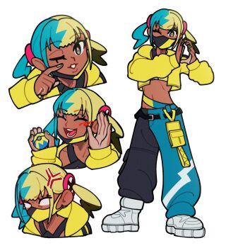 1girl anger_vein aqua_hair bandeau black_hair black_pants blank_eyes blonde_hair blue_pants canari_(pokemon) closed_eyes crop_top cropped_jacket dark-skinned_female dark_skin dd_is highres holding holding_poke_ball jacket long_sleeves mask mouth_mask multicolored_hair multiple_views nintendo one_eye_closed open_clothes open_jacket open_mouth pants poke_ball pokemon pokemon_legends:_z-a quick_ball shoes short_hair teeth twintails two-tone_pants white_background white_shoes yellow_jacket