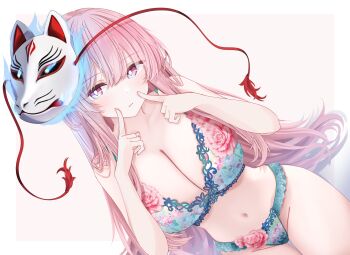 1girl breasts cleavage closed_mouth commentary floral_print floral_print_bra floral_print_panties fox_mask hata_no_kokoro highres large_breasts long_hair looking_at_viewer mask mask_on_head navel pink_hair print_panties sarasadou_dan simple_background solo stomach thighs touhou underwear underwear_only white_background