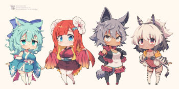 4girls amamiya_kaoruko_(kuromiya) animal_ear_fluff animal_ears animal_print bare_shoulders bikini bikini_bottom_under_shorts bikini_under_clothes black_gloves black_vest blonde_hair blue_bow blue_eyes blue_hair blue_kimono blush bow breasts brown_skirt chibi cleavage commentary_request dark-skinned_female dark_skin elbow_gloves flower fur-trimmed_legwear fur-trimmed_vest fur_trim gloves grey_eyes grey_hair haimiya_eren_(kuromiya) hair_bow hair_flower hair_ornament jacket japanese_clothes kanamiya_akira_(kuromiya) kimono kuromiya large_breasts leaning_forward long_hair long_sleeves multicolored_hair multiple_girls obi orange_hair original pantyhose pinching_sleeves pleated_skirt print_bikini print_jacket puffy_long_sleeves puffy_sleeves red_eyes red_kimono red_shoes sash shimamiya_mayuki_(kuromiya) shirt shoes short_shorts shorts skirt sleeves_past_wrists swimsuit thighhighs twitter_username two-tone_hair very_long_hair vest watermark white_flower white_jacket white_pantyhose white_shirt white_shorts white_thighhighs zebra_ears zebra_print zebra_tail