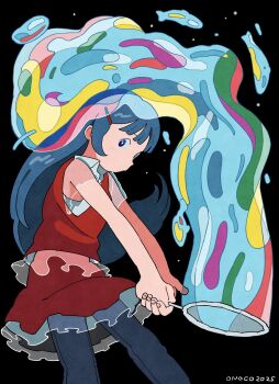 1girl 2025 artist_name black_background blue_eyes blue_hair bright_pupils bubble_wand collared_shirt hair_ornament hairclip highres holding long_hair onoconokoko0625 original pants pants_under_skirt red_skirt see-through_clothes see-through_frills see-through_sleeves shirt sideways_glance simple_background skirt sleeveless sleeveless_shirt soap_bubbles solo white_pupils