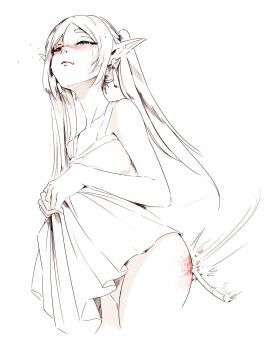 1girl 1other bare_shoulders blush caning collarbone commentary dress earrings elf english_commentary fireball_666 frieren highres jewelry long_hair meme monochrome pointy_ears simple_background sketch solo_focus sousou_no_frieren spanked spanking standing sweat tearing_up twintails unfinished upward_angle_frieren_drawing_(meme) white_background