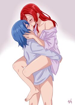 2girls barefoot blue_hair blush breasts carrying carrying_person cleavage closed_eyes commentary english_commentary highres ippu_and_yeppu kiss leg_lock long_hair love_live! love_live!_superstar!! multiple_girls purple_background purple_shirt red_hair shirt short_hair single_off_shoulder wakana_shiki white_background yoneme_mei yuri