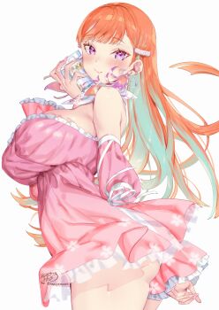 1girl absurdres arm_behind_back bare_shoulders blush bottle breasts cherry_blossom_print cleavage closed_mouth colored_inner_hair commentary detached_sleeves dress earrings english_commentary feather_earrings feathers floral_print floral_print_dress frilled_dress frilled_sleeves frills from_side gradient_hair green_hair hand_up highres holding holding_bottle hololive hololive_english jewelry kamiya_maneki large_breasts long_hair long_sleeves looking_at_viewer multicolored_hair official_alternate_costume official_alternate_hairstyle orange_hair perfume_(takanashi_kiara) perfume_bottle pink_dress pink_sleeves print_dress purple_eyes short_dress simple_background sleeveless sleeveless_dress smile solo strapless strapless_dress swept_bangs takanashi_kiara takanashi_kiara_(perfume) virtual_youtuber white_background