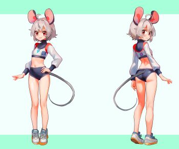 1girl absurdres ahoge animal_ears ass blue_buruma blush breasts buruma closed_mouth commentary commission cropped_shirt english_commentary full_body grey_hair hand_on_own_hip highres jewelry large_variant_set looking_at_viewer midriff mouse_ears mouse_girl mouse_tail multicolored_shirt multiple_views nazrin necklace open_mouth pendant red_eyes second-party_source shirt shoes short_hair small_breasts smile sneakers tail thighs touhou tsukiyono_aroe variant_set white_shirt white_shoes