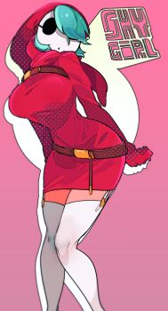 Rule 34 | 1girl, aqua hair, bad id, bad pixiv id, belt, ben-day dots, breasts, dress, english text, genderswap, genderswap (mtf), highres, hooded dress, idkuroi, large breasts, mario (series), nintendo, original, pencil dress, pink background, red dress, screentones, shy gal, shy guy, simple background, solo, thighhighs, white thighhighs