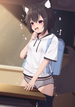 1girl absurdres animal_ears backpack bag bandaid bandaid_on_hand black_hair black_pants black_trimmed_panties blurry blurry_background blush bow bow_panties breasts chalkboard clock clothes_pull commentary_request crotch_rub depth_of_field desk drawstring drooling fox_ears fox_girl fox_tail grey_panties hair_between_eyes highres hinata_(user_rjkt4745) hood hood_down hoodie indoors masturbation mouth_drool open_mouth original panties pants pants_pull polka_dot polka_dot_panties purple_eyes pussy_juice randoseru school_desk short_sleeves small_breasts table_humping tail trimmed_panties underwear wall_clock wavy_mouth white_hoodie
