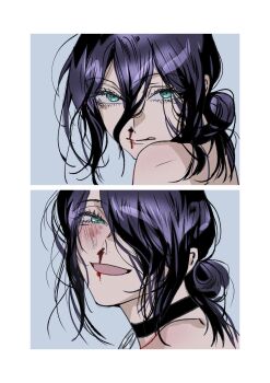 1girl black_choker blood blue_eyes busuttt chainsaw_man choker grenade_pin hair_between_eyes hair_bun highres looking_at_viewer nosebleed open_mouth purple_hair reze_(chainsaw_man)