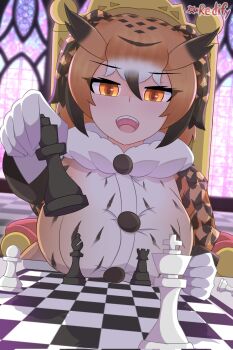 animal_ears bishop_(chess) black_hair blush board_game breasts brown_eyes brown_hair chair chess chess_piece chessboard coat commentary english_commentary eurasian_eagle_owl_(kemono_friends) fur_collar gloves grey_hair hair_between_eyes head_wings highres holding holding_chess_piece iredify kemono_friends king_(chess) large_breasts long_sleeves looking_at_viewer multicolored_hair open_mouth pawn_(chess) playing_chess queen_(chess) short_hair smile table tail white_hair wings