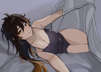 1girl bed black_hair blush breasts brown_hair cleavage genderswap genderswap_(mtf) genshin_impact gradient_hair hair_between_eyes hair_down highres large_breasts long_hair looking_at_viewer lying multicolored_hair nipio on_bed on_side panties parted_lips pillow pov_across_bed purple_panties purple_tank_top solo sweatdrop tank_top under_covers underwear yellow_eyes zhongli_(genshin_impact)