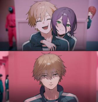 1boy 2girls before_and_after blush chainsaw_man closed_eyes denji_(chainsaw_man) green_eyes green_jacket green_pants green_track_suit grenade_pin highres jacket jumpsuit makima_(chainsaw_man) meme multiple_girls pants partially_shaded_face photo_background purple_hair reze_(chainsaw_man) sharp_teeth shuraillusts squid_game teeth track_jacket track_suit worker_(squid_game) year_1_&amp;_year_2_(squid_game)_(meme)