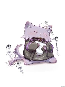 1girl animal animal_collar animal_focus animalization black_collar black_hoodie cat closed_eyes closed_mouth clothed_animal collar commentary_request crying food food-themed_pillow full_body highres hololive hood hoodie ikayaki_(ikayaki4) nekomata_okayu no_humans onigiri simple_background solo tail tail_wagging tears virtual_youtuber white_background