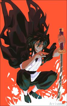 1boy absurdres asteris-kitsy black_hair black_haori black_pants black_sclera bug centipede colored_sclera flower hand_on_hilt haori highres holding holding_sword holding_weapon japanese_clothes kagurabachi medium_hair pants planted planted_sword planted_weapon red_background red_eyes simple_background soga_akemura solo spread_legs squatting sword weapon