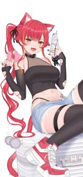 1girl :d animal_ears black_collar black_nails black_shirt black_sleeves black_thighhighs breasts cat_ears cat_girl cat_tail cellphone collar commentary denim denim_shorts detached_sleeves donut extra_ears fangs flip_phone food frayed_shorts halter_shirt halterneck high_tops highleg highleg_panties highres holding holding_donut holding_food holding_phone long_hair looking_at_viewer midriff nail_polish navel nekota_tsuna on_suitcase open_mouth orange_eyes orange_hair orange_streaks panties panty_straps phone red_hair shirt shoes short_shorts shorts side_ponytail sidelocks simple_background sitting sleeveless sleeveless_shirt smile sneakers solo symbol-only_commentary tail thigh_strap thighhighs tojo_aoi torn_clothes torn_sleeves underwear very_long_hair virtual_youtuber vspo! white_background