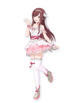 1girl anime_coloring arm_scrunchie armlet bare_shoulders blush boots bow breasts brown_hair choker collarbone dress fukushi_ryouhei full_body grey_shoes hairband hand_up idolmaster idolmaster_shiny_colors jewelry leg_up long_hair looking_at_viewer medium_breasts official_art open_hand open_mouth osaki_amana palms pink_bow pink_ribbon pink_sash platform_boots ribbon sash scrunchie shoes simple_background smile solo spread_fingers standing standing_on_one_leg swept_bangs thigh_strap thighhighs thighs transparent_background white_choker white_dress white_hairband white_scrunchie white_thighhighs yellow_eyes