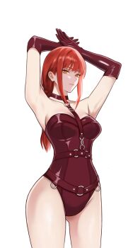 1girl absurdres alternate_costume arms_up breasts chainsaw_man closed_mouth elbow_gloves gloves highleg highleg_leotard highres large_breasts leotard long_hair makima_(chainsaw_man) pcharlesart purple_gloves purple_leotard red_hair sidelocks simple_background solo white_background yellow_eyes